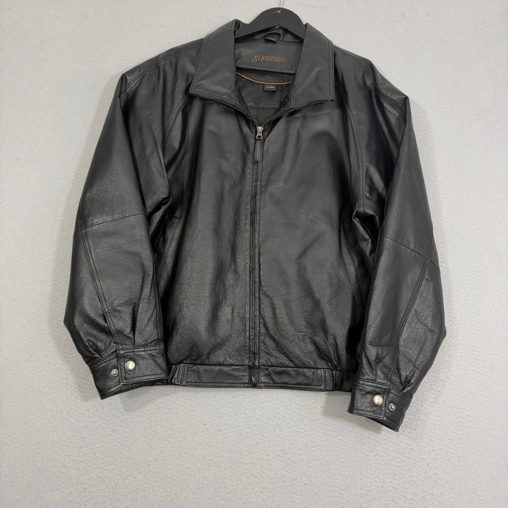 Vintage St. John's Bay Leather Jacket Large Black Bomber Full Zip Quilted Lined